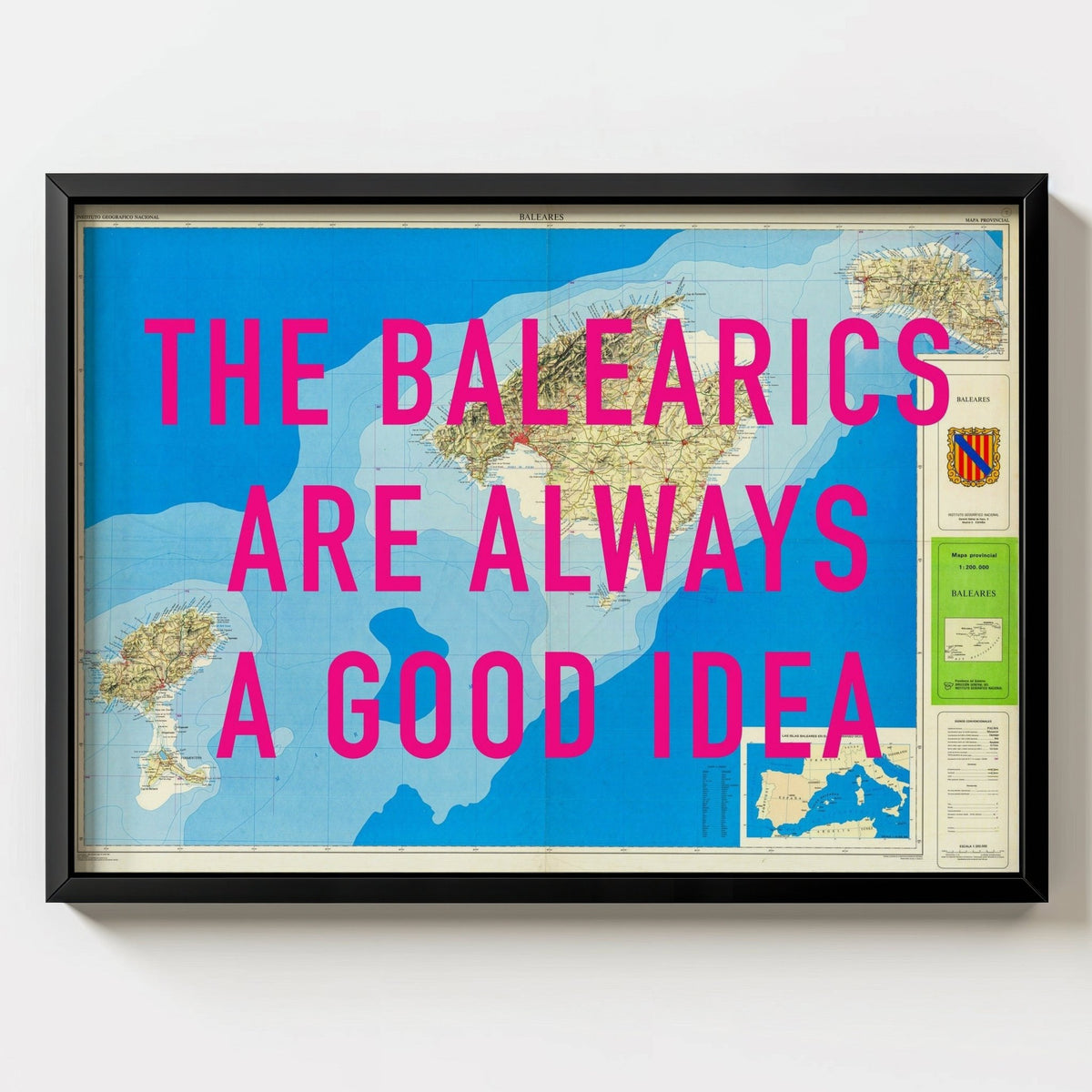 The Balearic Islands Retro Pop Art Map Print (landscape) - black frame mockup - Magic Posters