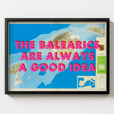 The Balearic Islands Retro Pop Art Map Print (landscape) - black frame mockup - Magic Posters