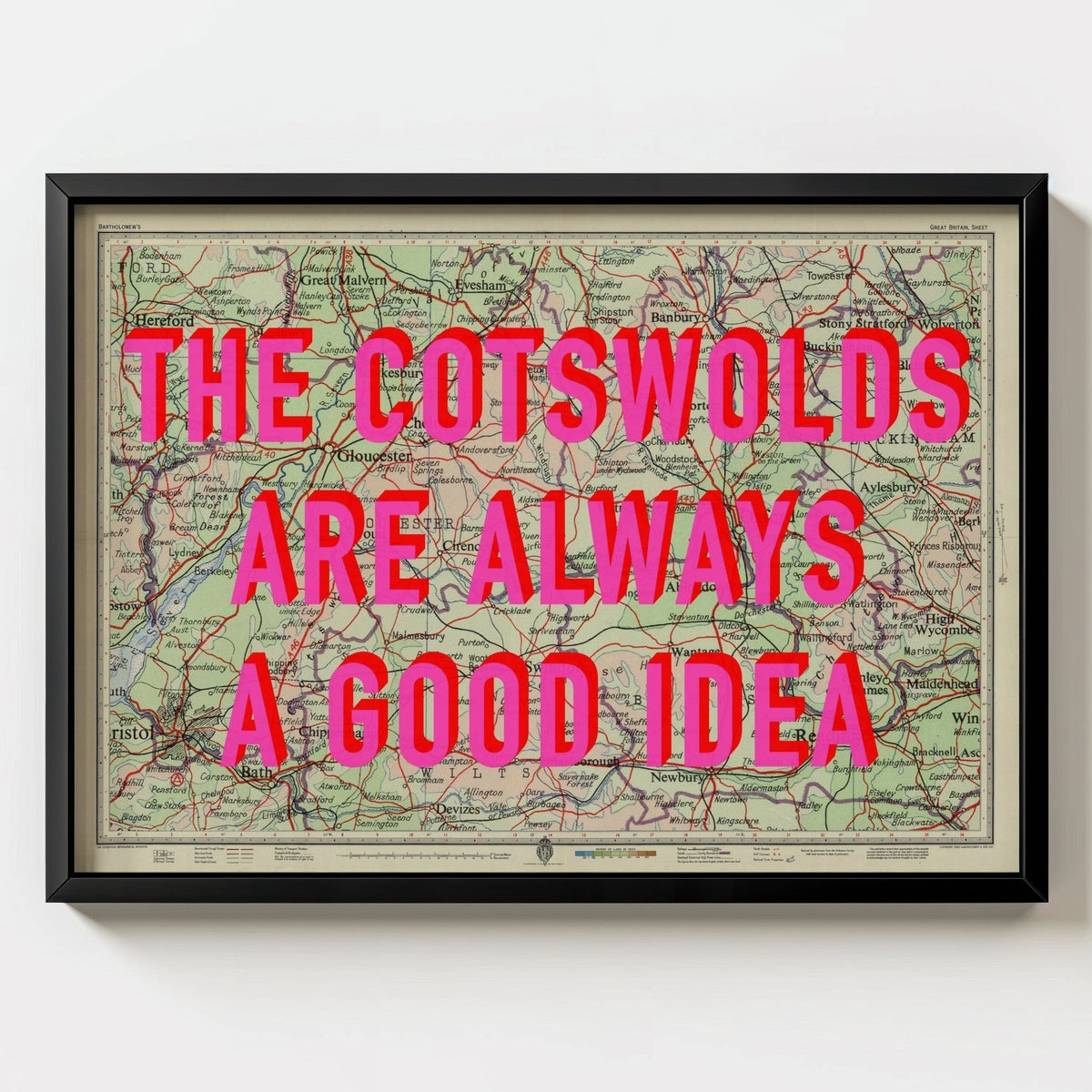 The Cotswolds Retro Pop Art Map Print (Landscape) - black frame mockup - Magic Posters