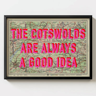 The Cotswolds Retro Pop Art Map Print (Landscape) - black frame mockup - Magic Posters