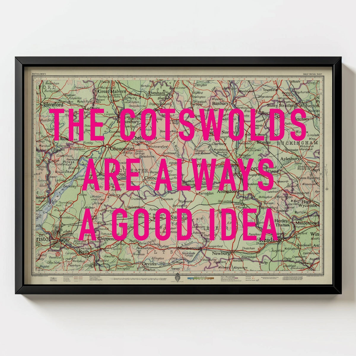 The Cotswolds Retro Pop Art Map Print (Landscape) - black frame mockup - Magic Posters