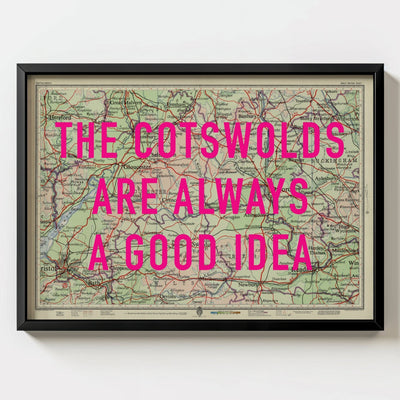 The Cotswolds Retro Pop Art Map Print (Landscape) - black frame mockup - Magic Posters