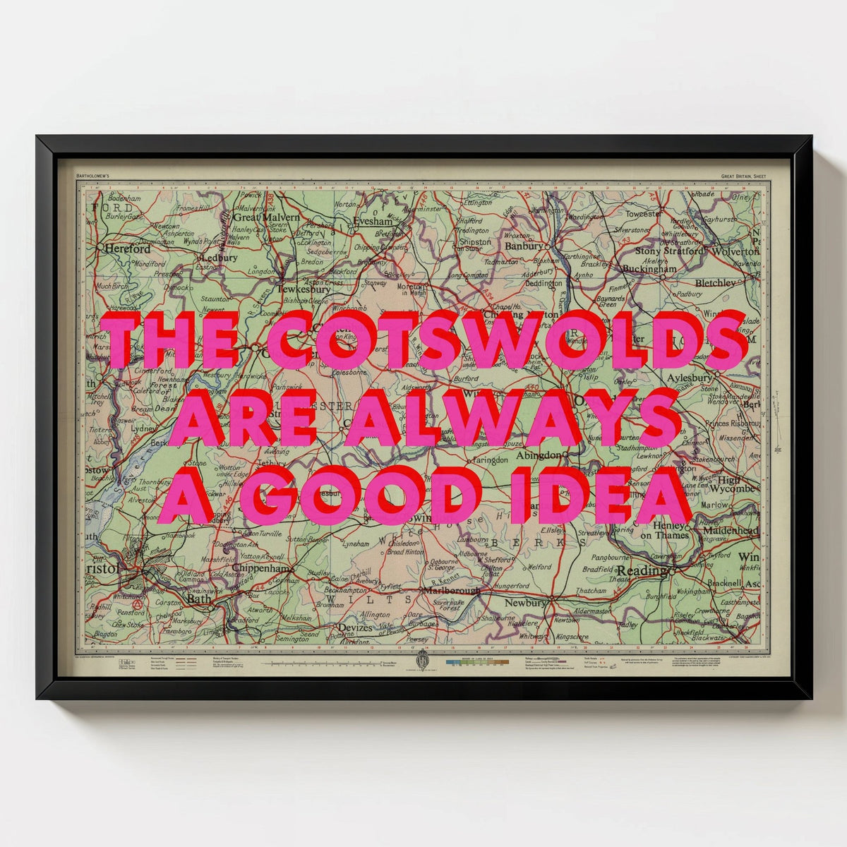 The Cotswolds Retro Pop Art Map Print (Landscape) - black frame mockup - Magic Posters