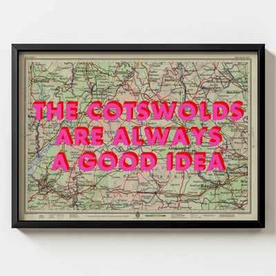 The Cotswolds Retro Pop Art Map Print (Landscape) - black frame mockup - Magic Posters