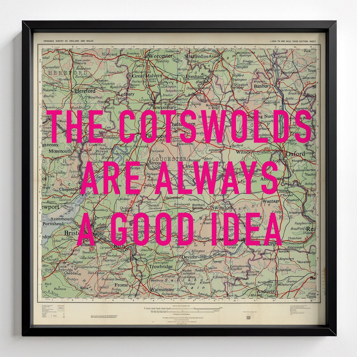 The Cotswolds Retro Pop Art Map Print (Square) - black frame mockup - Magic Posters