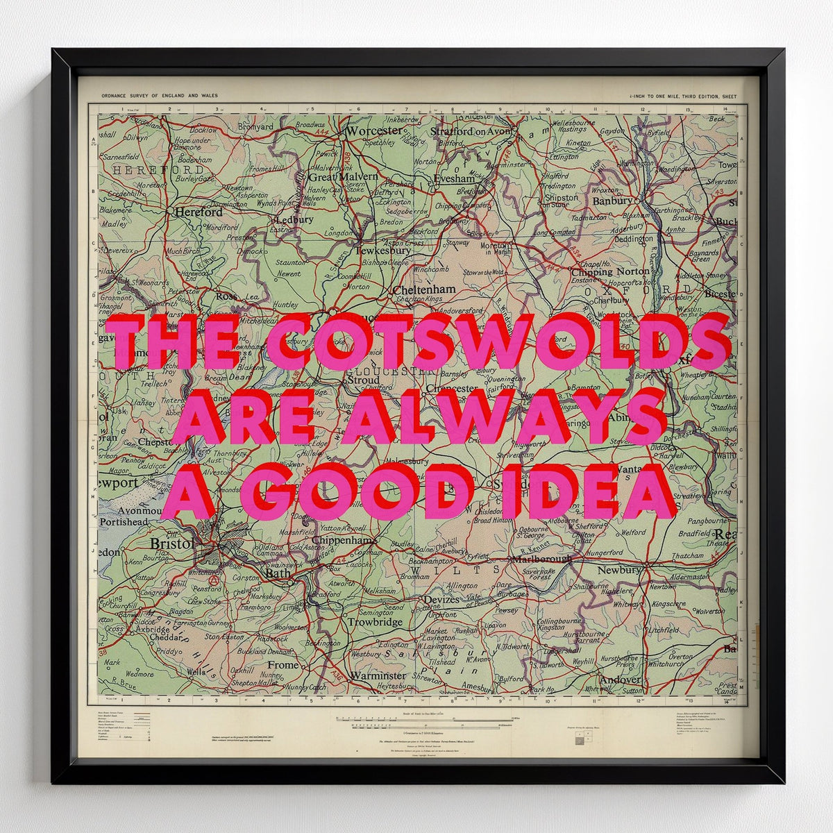 The Cotswolds Retro Pop Art Map Print (Square) - black frame mockup - Magic Posters