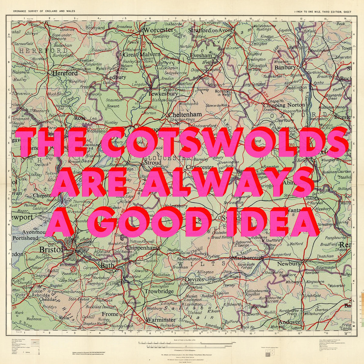 The Cotswolds Retro Pop Art Map Print (Square)