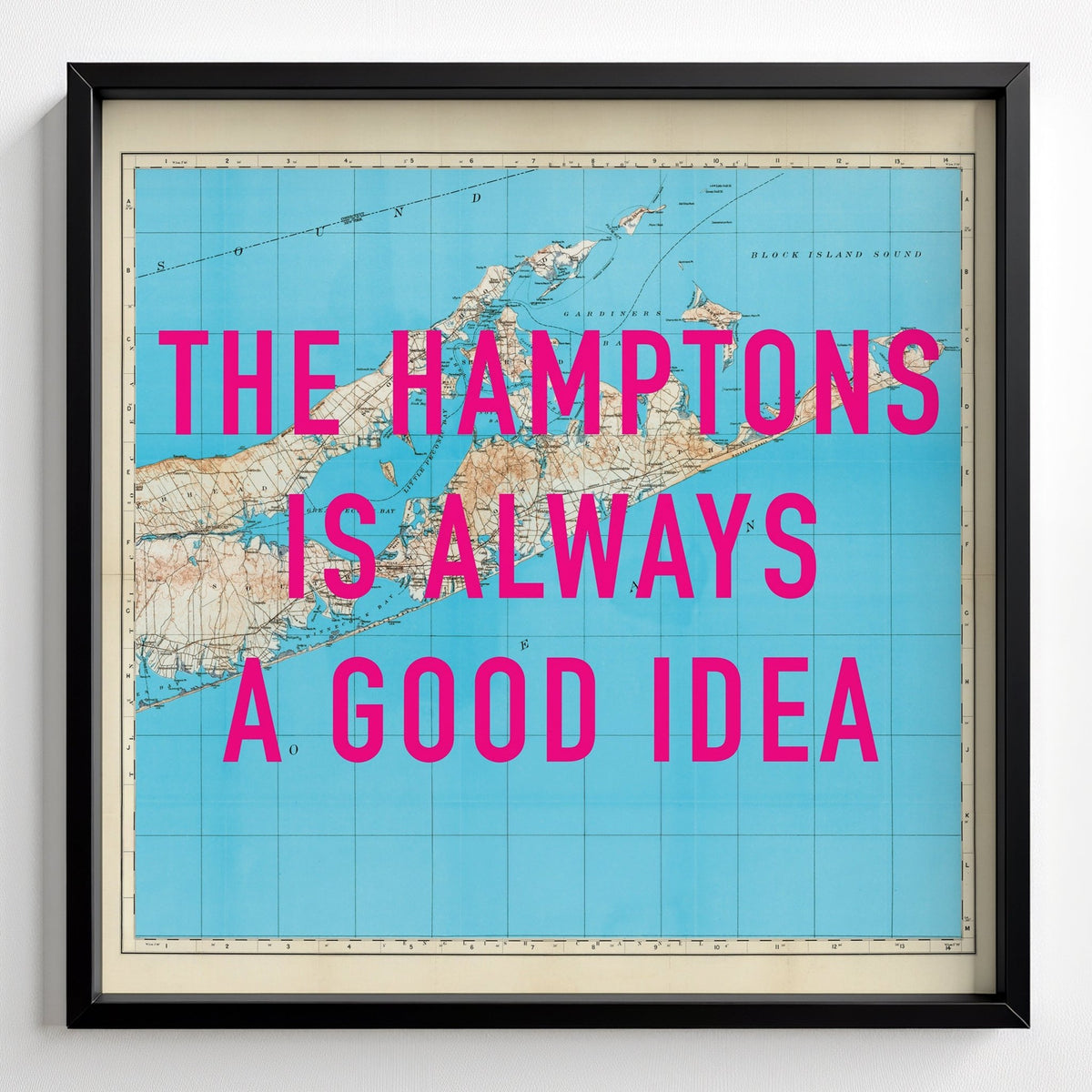 The Hamptons Retro Pop Art Map Print - black frame mockup - Magic Posters
