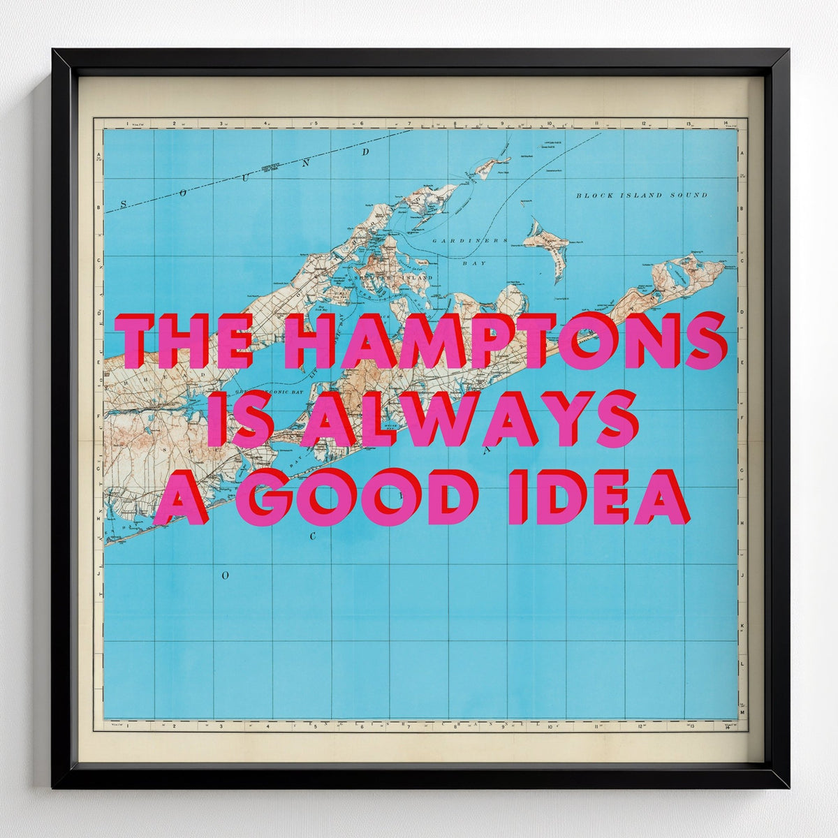 The Hamptons Retro Pop Art Map Print - black frame mockup - Magic Posters
