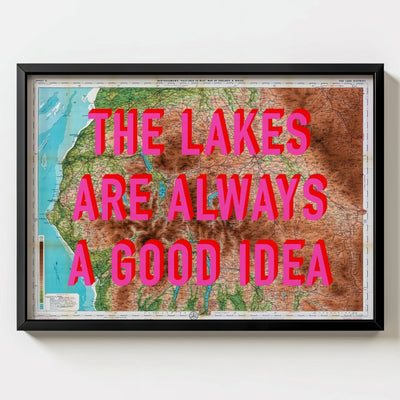 The Lake District Retro Pop Art Map Print (Landscape) - black frame mockup - Magic Posters