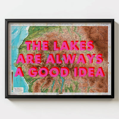 The Lake District Retro Pop Art Map Print (Landscape) - black frame mockup - Magic Posters