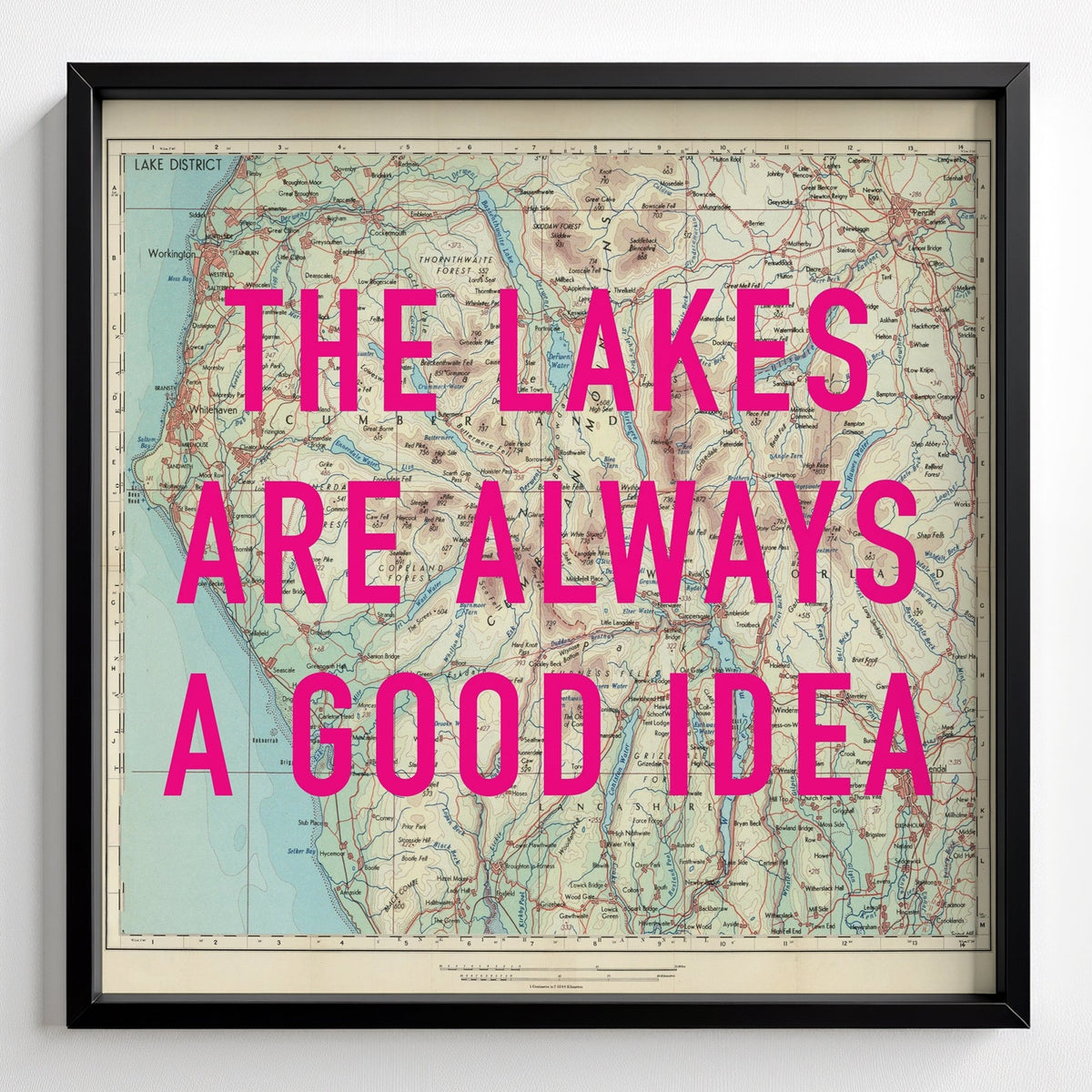 The Lake District Retro Pop Art Map Print (Square) - black frame mockup - Magic Posters
