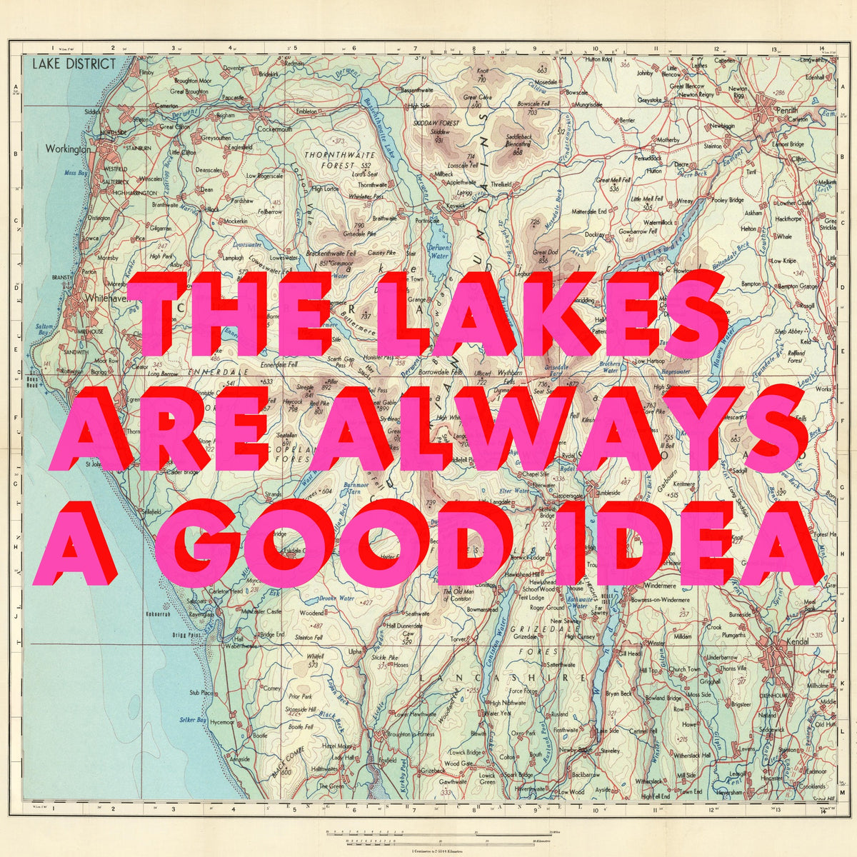 The Lake District Retro Pop Art Map Print (Square)