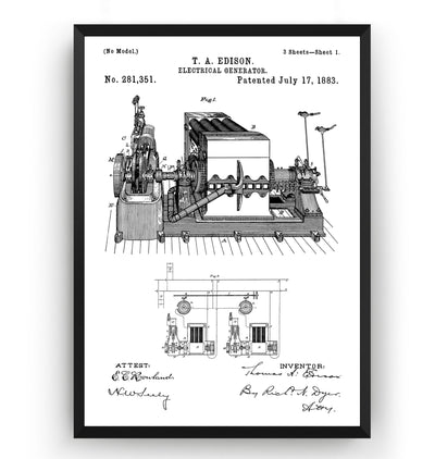 Thomas Edison Electrical Generator 1883 Patent Print - Magic Posters