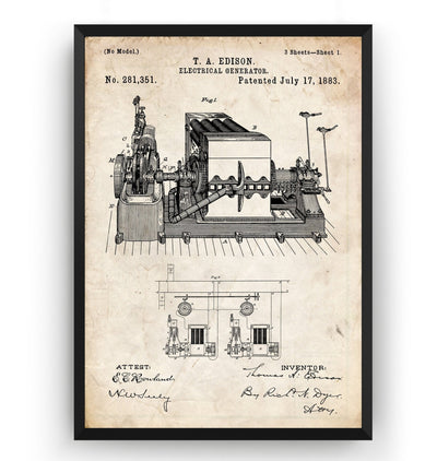 Thomas Edison Electrical Generator 1883 Patent Print - Magic Posters