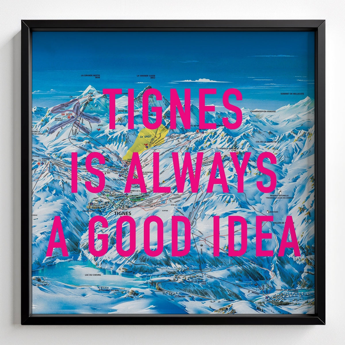Tignes Retro Pop Art Ski Map Print - black frame mockup - Magic Posters
