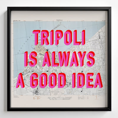 Tripoli Retro Pop Art Map Print (square) - black frame mockup - Magic Posters Bold