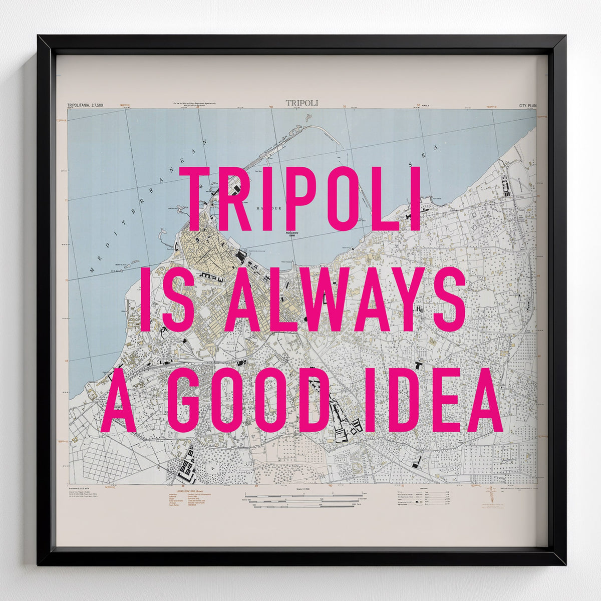 Tripoli Retro Pop Art Map Print (square) - black frame mockup - Magic Posters