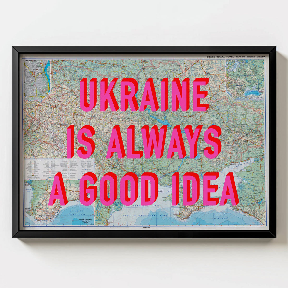 Ukraine Retro Pop Art Map Print (landscape) - black frame mockup - Magic Posters Bold