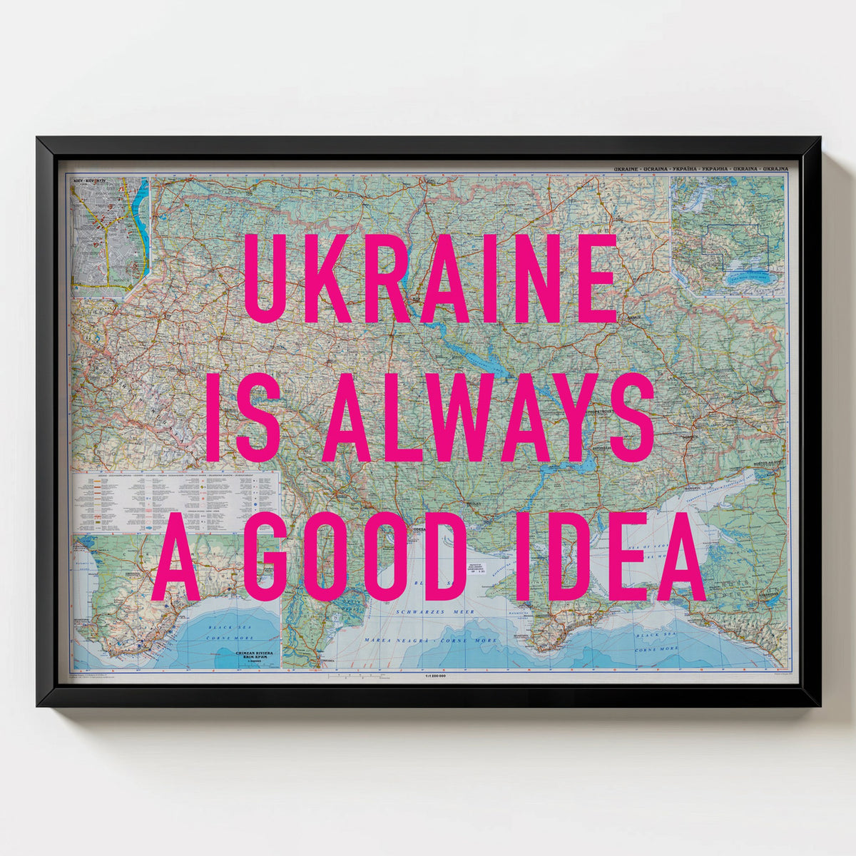 Ukraine Retro Pop Art Map Print (landscape) - black frame mockup - Magic Posters