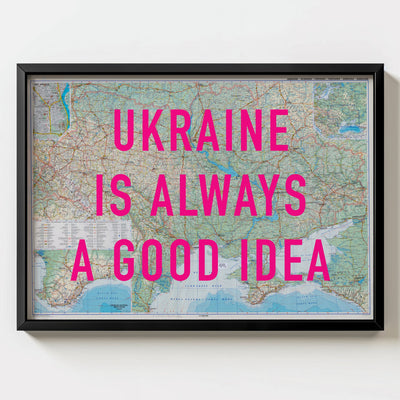Ukraine Retro Pop Art Map Print (landscape) - black frame mockup - Magic Posters