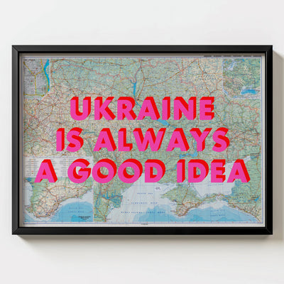 Ukraine Retro Pop Art Map Print (landscape) - black frame mockup - Magic Posters