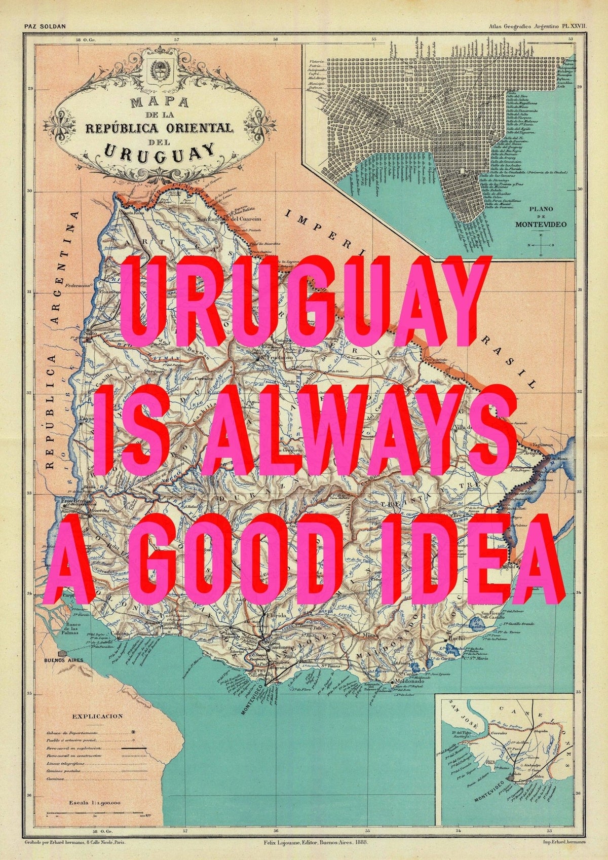 Uruguay Retro Pop Art Map Print (portrait)