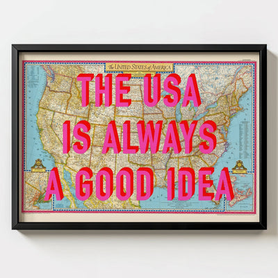 USA Retro Pop Art Map Print - black frame mockup - Magic Posters