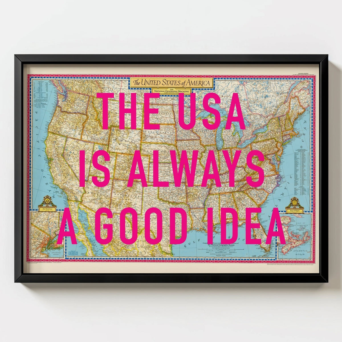 USA Retro Pop Art Map Print - black frame mockup - Magic Posters