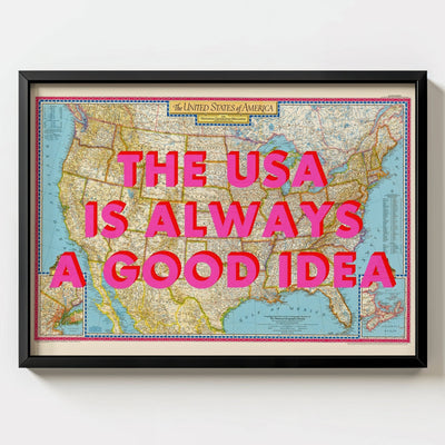 USA Retro Pop Art Map Print - black frame mockup - Magic Posters