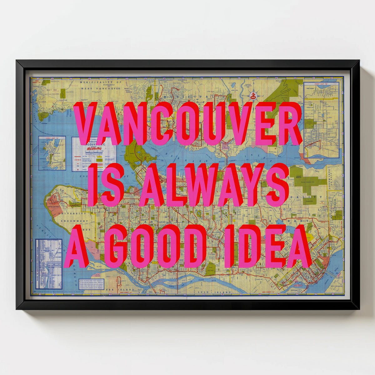 Vancouver Retro Pop Art Map Print (landscape) - black frame mockup - Magic Posters Bold