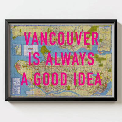 Vancouver Retro Pop Art Map Print (landscape) - black frame mockup - Magic Posters