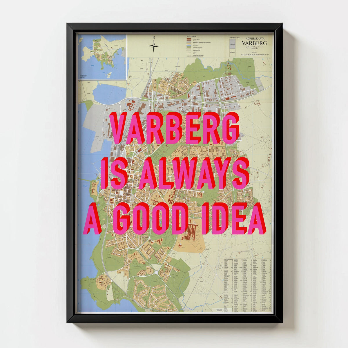 Varberg Retro Pop Art Map Print (portrait) - black frame mockup - Magic Posters Bold