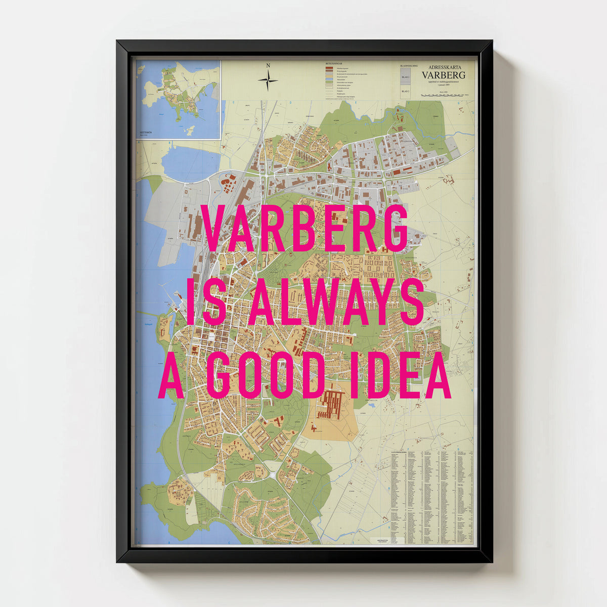 Varberg Retro Pop Art Map Print (portrait) - black frame mockup - Magic Posters
