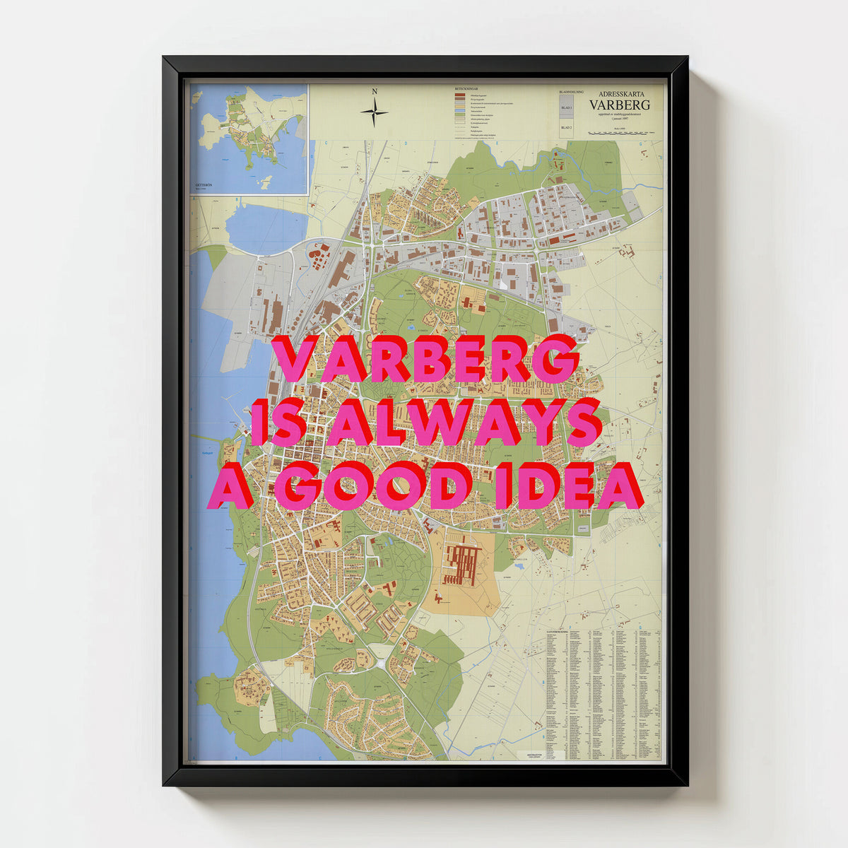 Varberg Retro Pop Art Map Print (portrait) - black frame mockup - Magic Posters