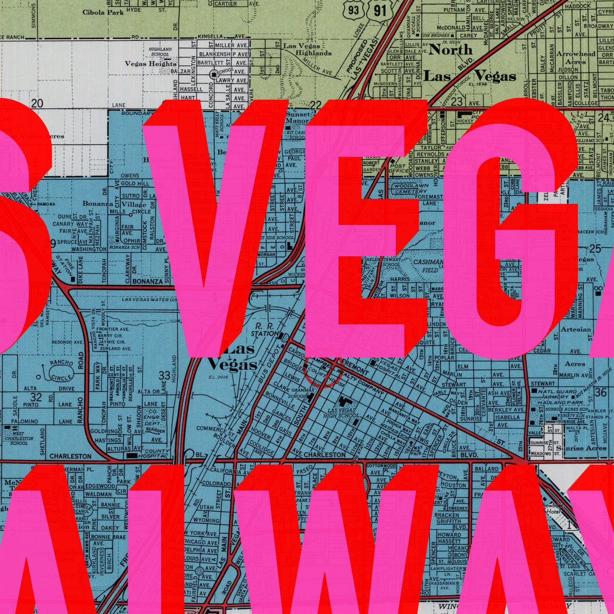 Las Vegas Retro Pop Art Map Print (square)