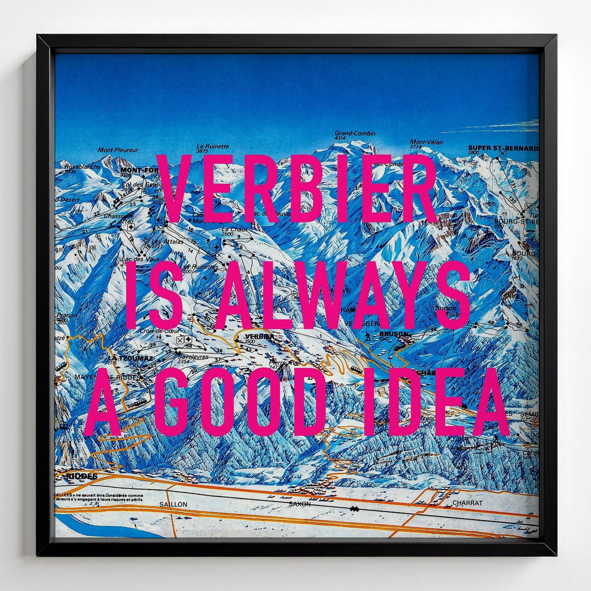 Verbier Retro Pop Art Ski Map Print (Square) - black frame mockup - Magic Posters