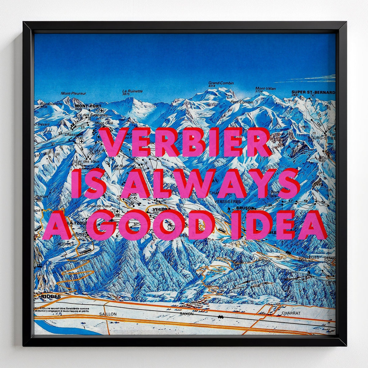 Verbier Retro Pop Art Ski Map Print (Square) - black frame mockup - Magic Posters