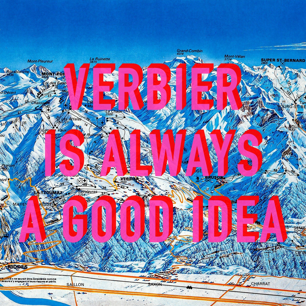 Verbier Retro Pop Art Ski Map Print (Square)