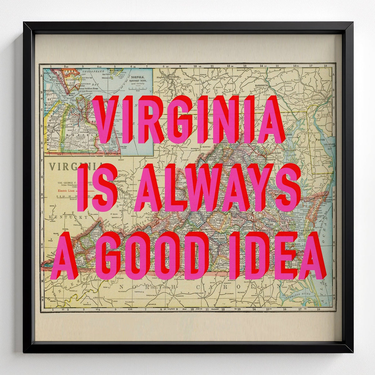 Virginia Retro Pop Art Map Print (Square) - black frame mockup - Magic Posters