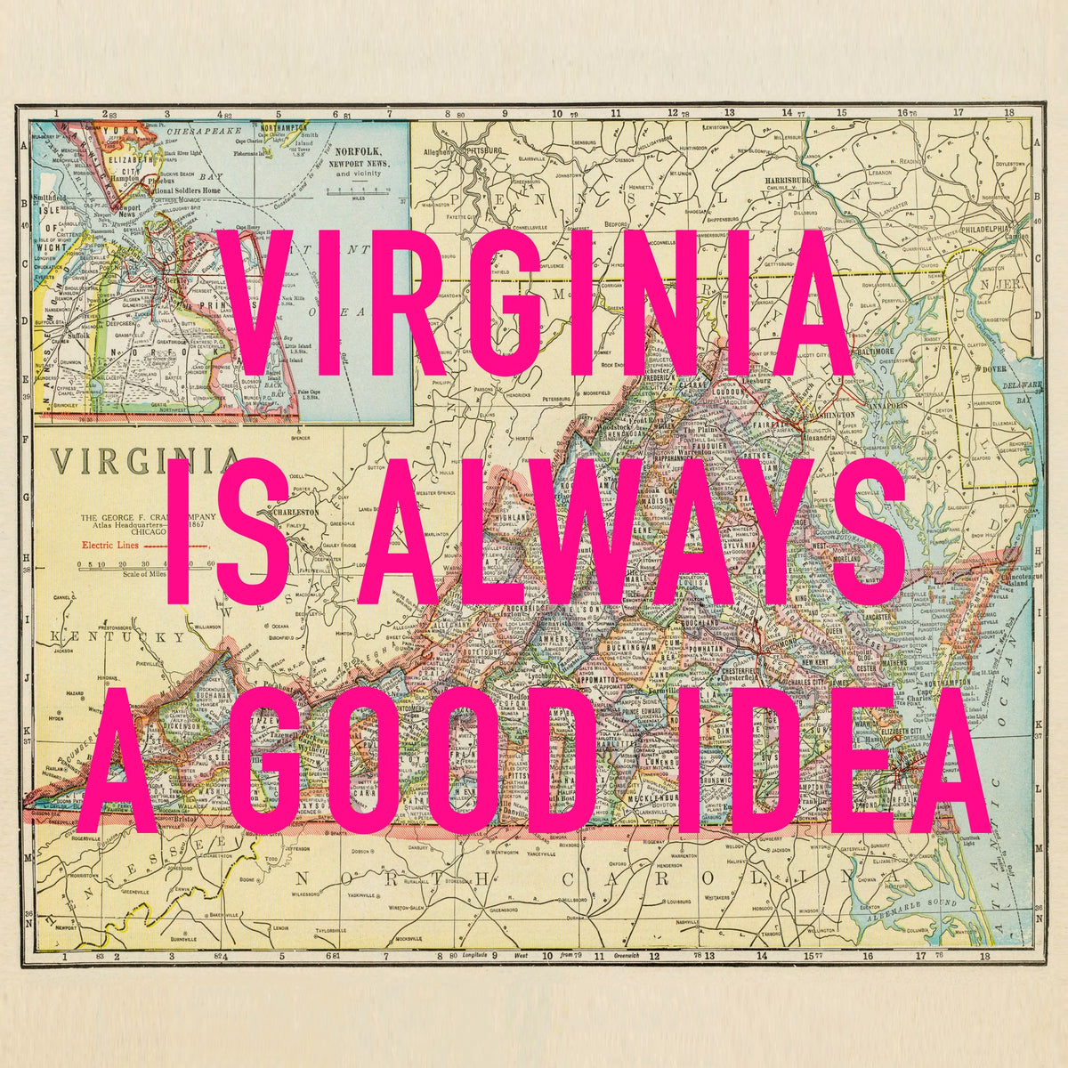 Virginia Retro Pop Art Map Print (Square)