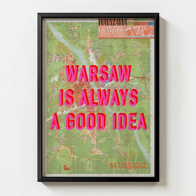 Warsaw Retro Pop Art Map Print (portrait) - black frame mockup - Magic Posters Bold