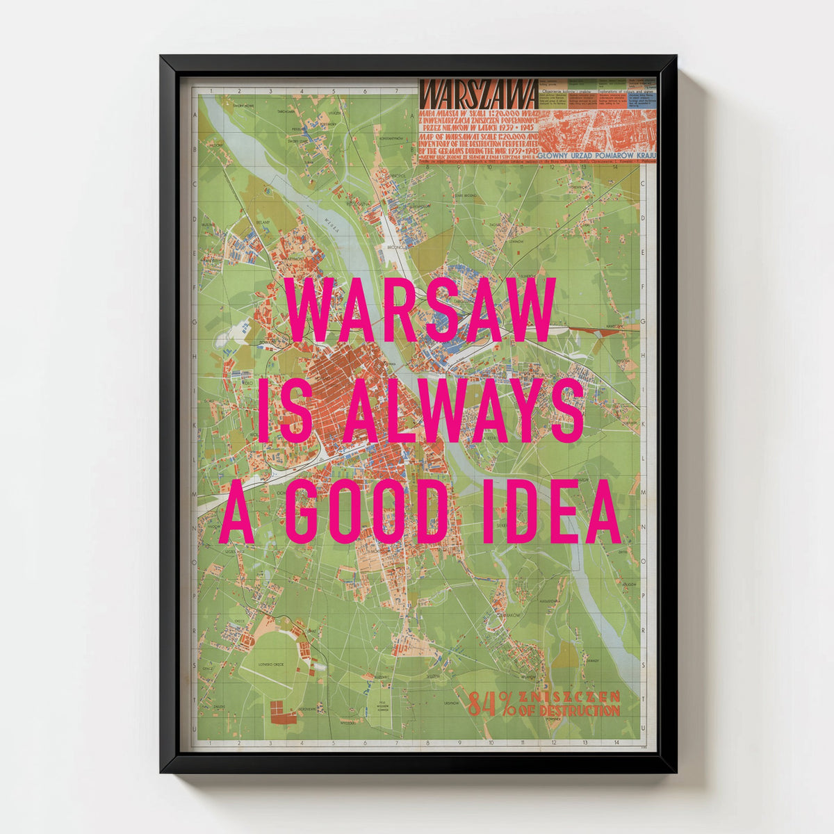 Warsaw Retro Pop Art Map Print (portrait) - black frame mockup - Magic Posters