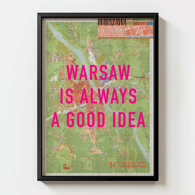 Warsaw Retro Pop Art Map Print (portrait) - black frame mockup - Magic Posters