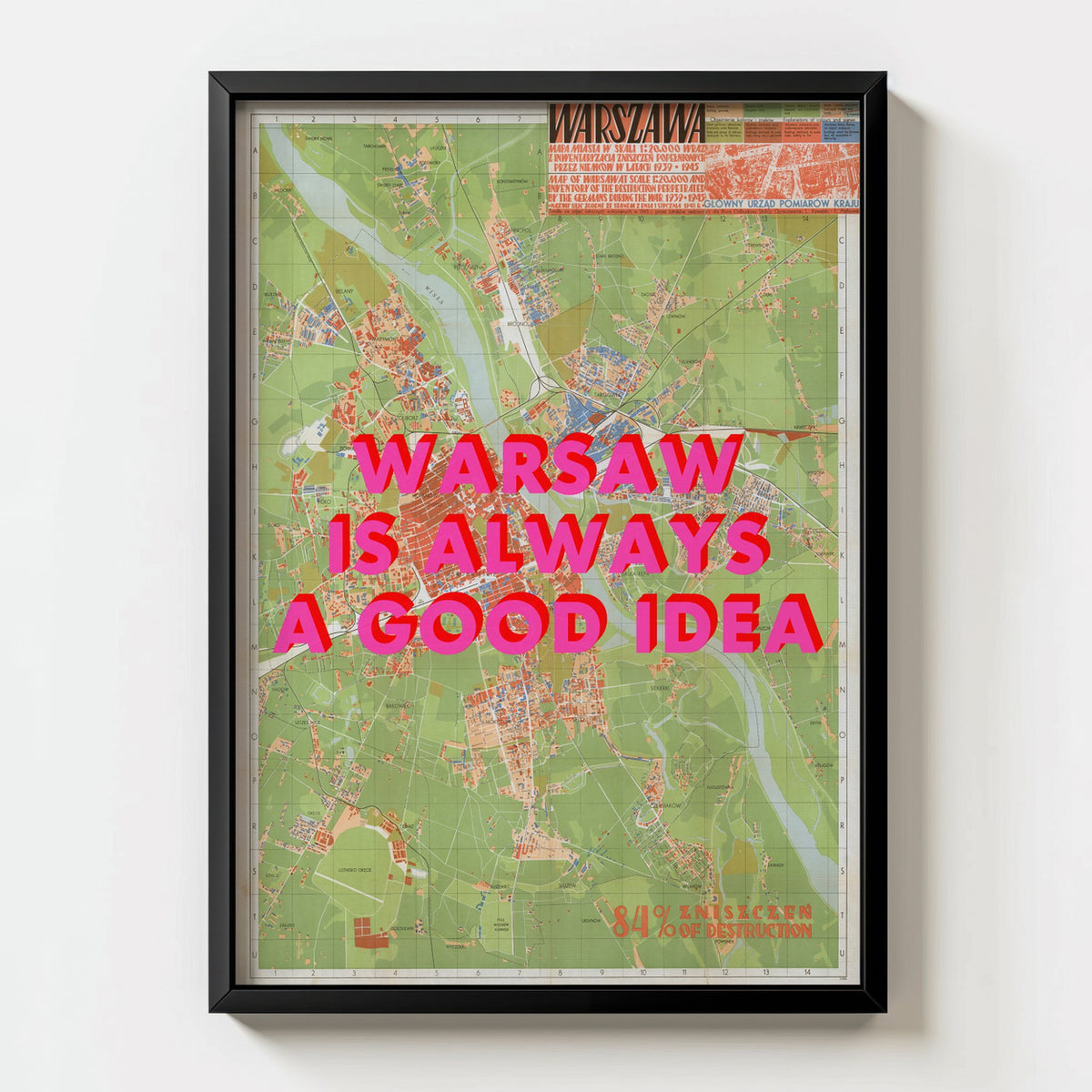 Warsaw Retro Pop Art Map Print (portrait) - black frame mockup - Magic Posters