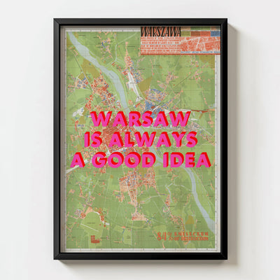 Warsaw Retro Pop Art Map Print (portrait) - black frame mockup - Magic Posters