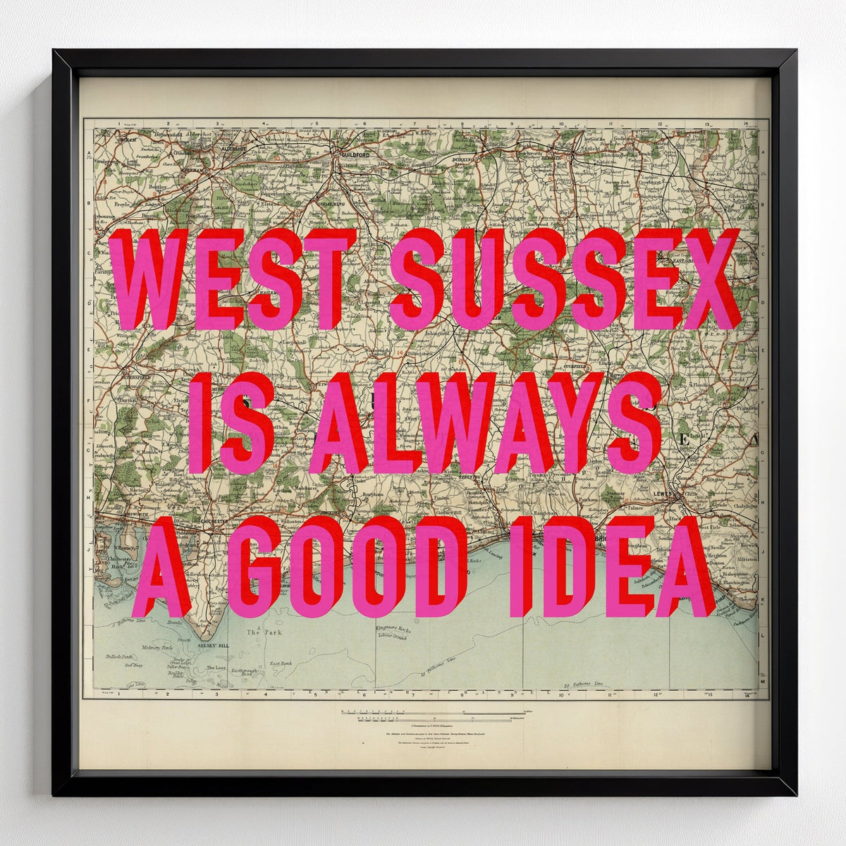 West Sussex Retro Pop Art Map Print (Square) - black frame mockup - Magic Posters