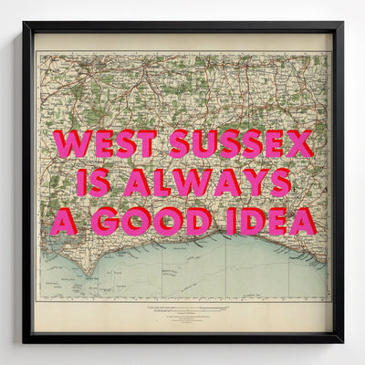 West Sussex Retro Pop Art Map Print (Square) - black frame mockup - Magic Posters