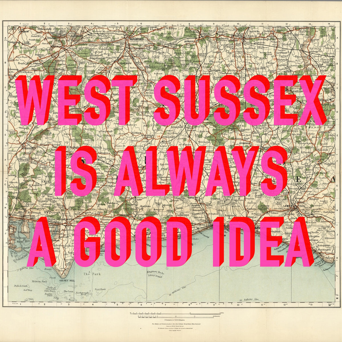 West Sussex Retro Pop Art Map Print (Square)