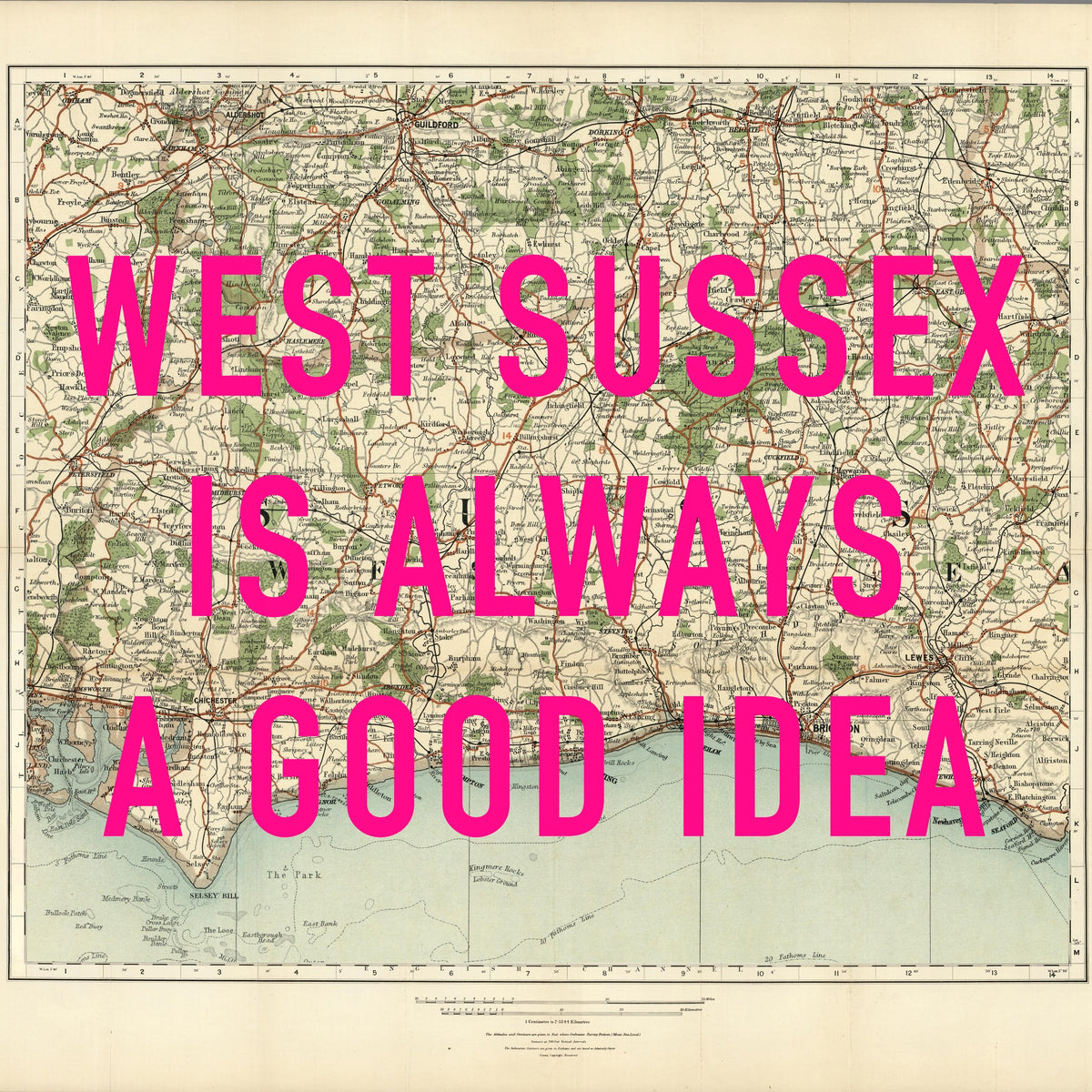 West Sussex Retro Pop Art Map Print (Square)